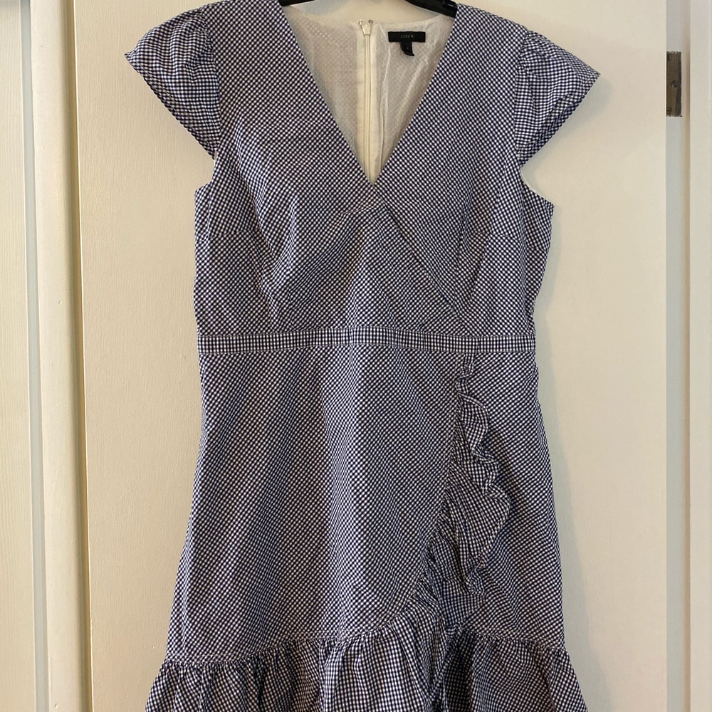 J.Crew blue and white gingham faux wrap dress